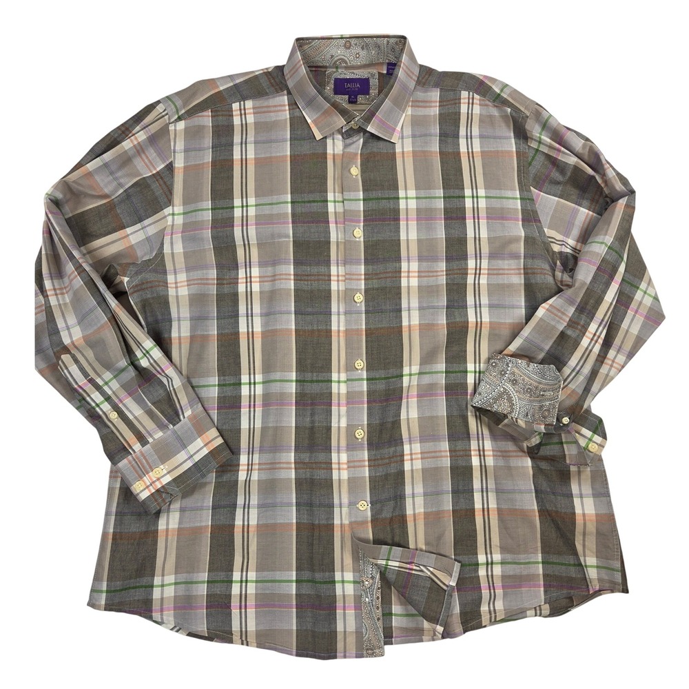 Tallia Men Collared Button Down Long Sleeve Shirt Contrast Cuff XL 17 1/2 Gray